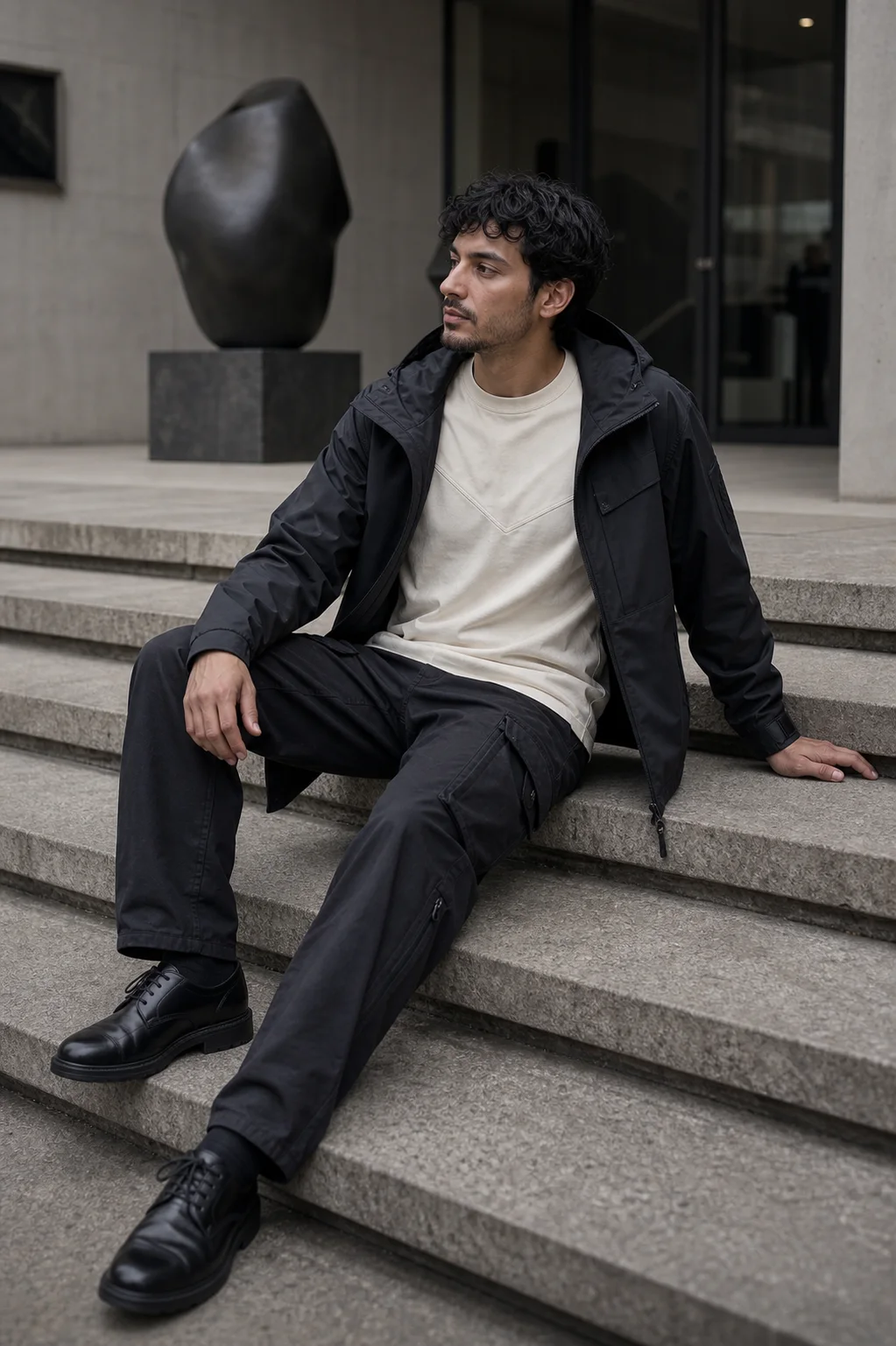 Berlin gallery steps styling image showing the Clothixpack CXP-S101 Node Technical Tee under an open black hardshell with charcoal cargo pants.