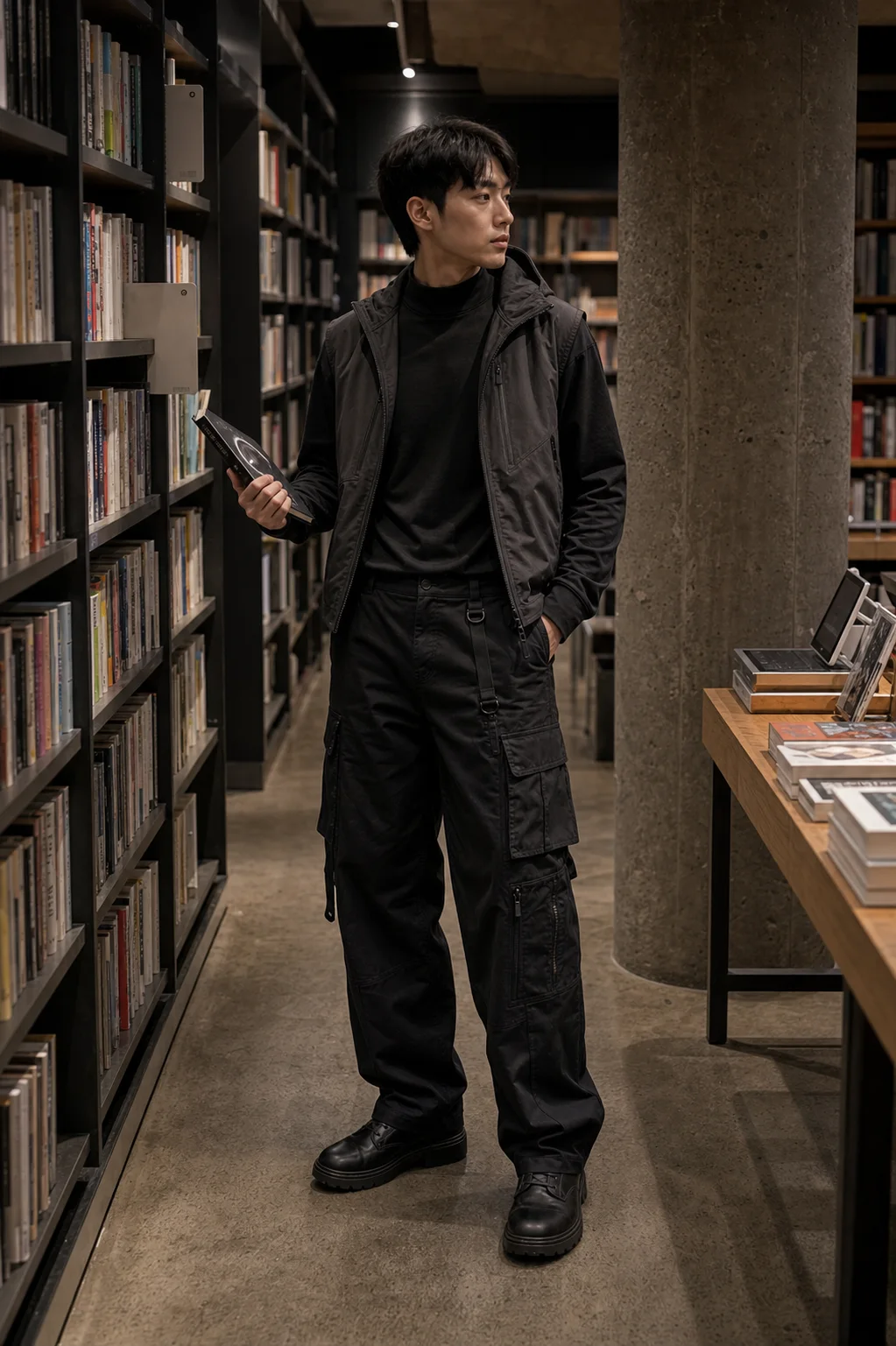Seoul bookstore styling image showing the Clothixpack CXP-S102 Void Mock Neck Shirt under an open charcoal liner with black pleated trousers.