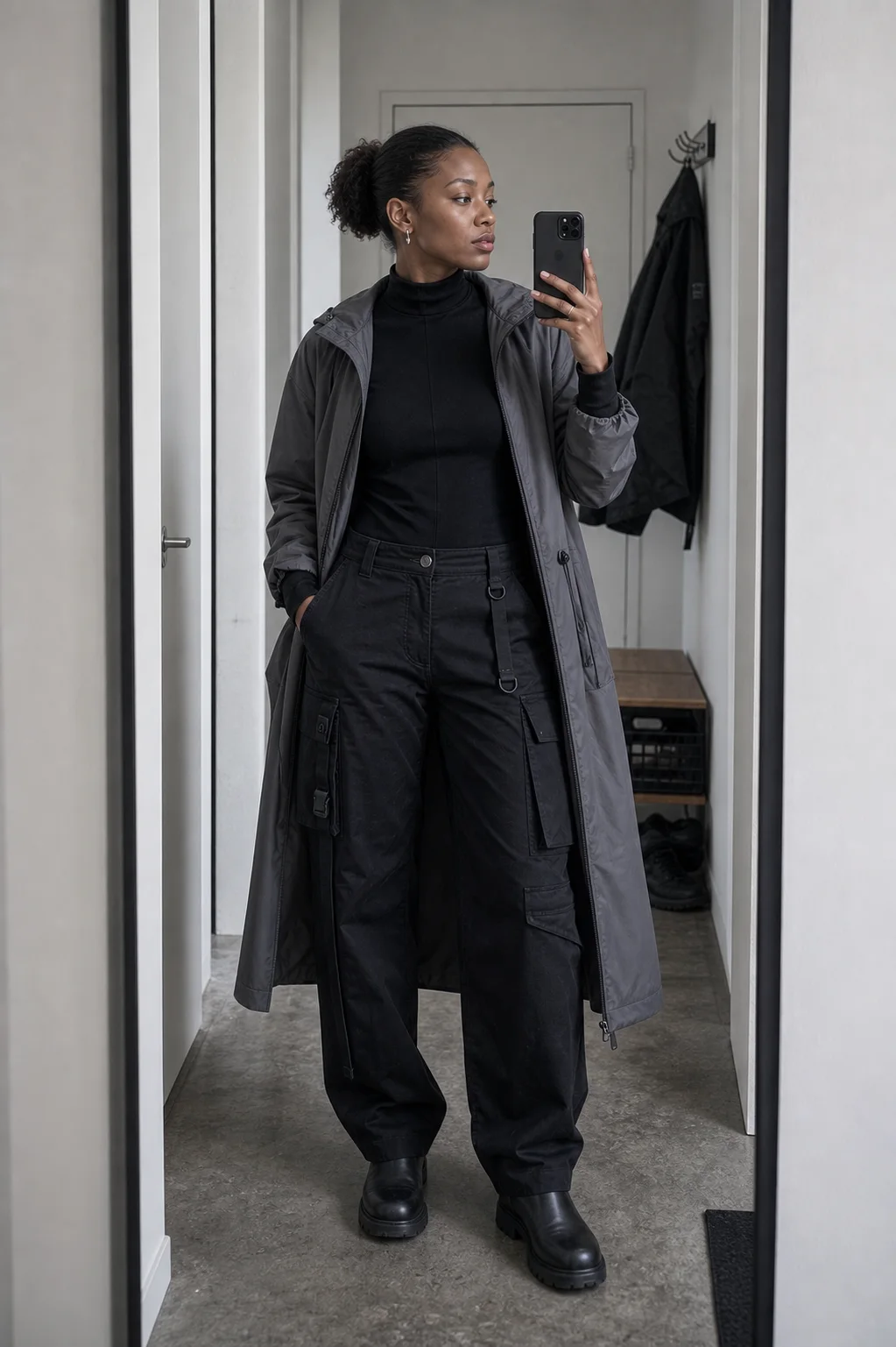 London hallway mirror styling image showing the Clothixpack CXP-S102 Void Mock Neck Shirt tucked into black high-waist cargo pants.