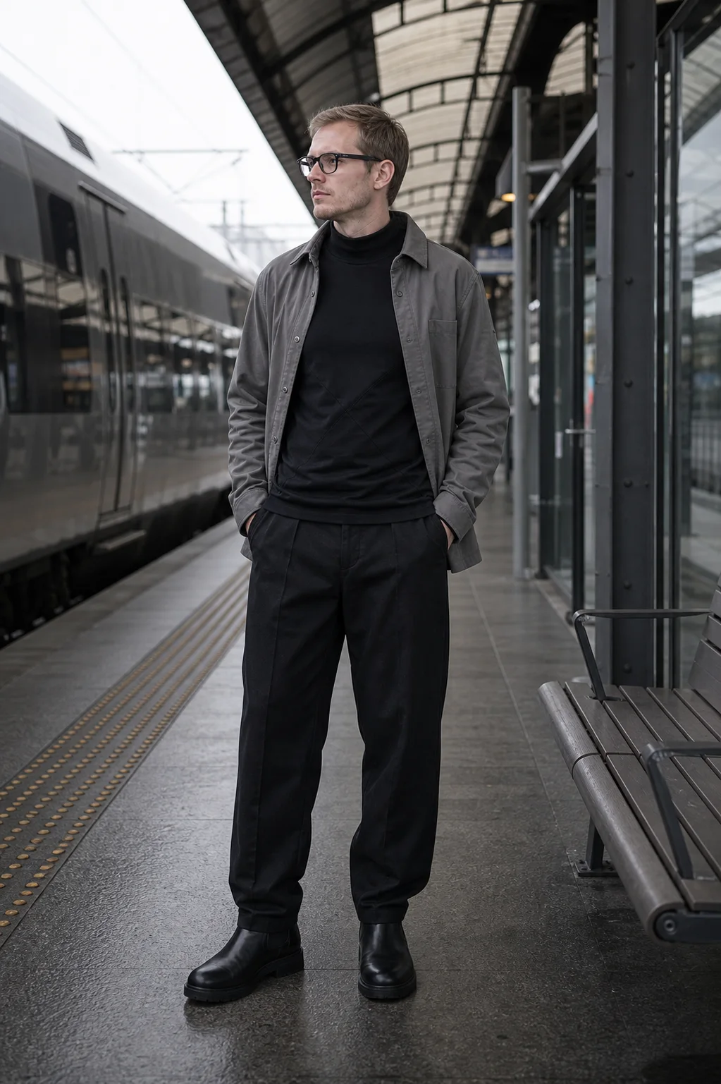 Copenhagen train station styling image showing the Clothixpack CXP-S102 Void Mock Neck Shirt under an open stone overshirt.