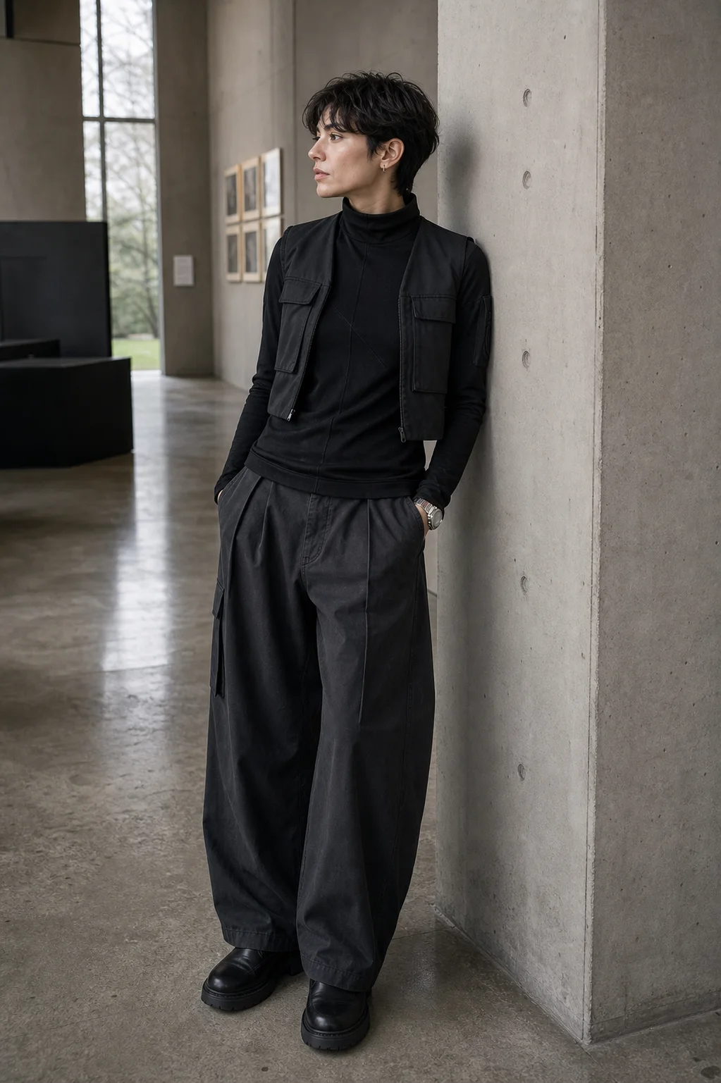 Berlin gallery lobby styling image showing the Clothixpack CXP-S102 Void Mock Neck Shirt under a cropped black utility vest.