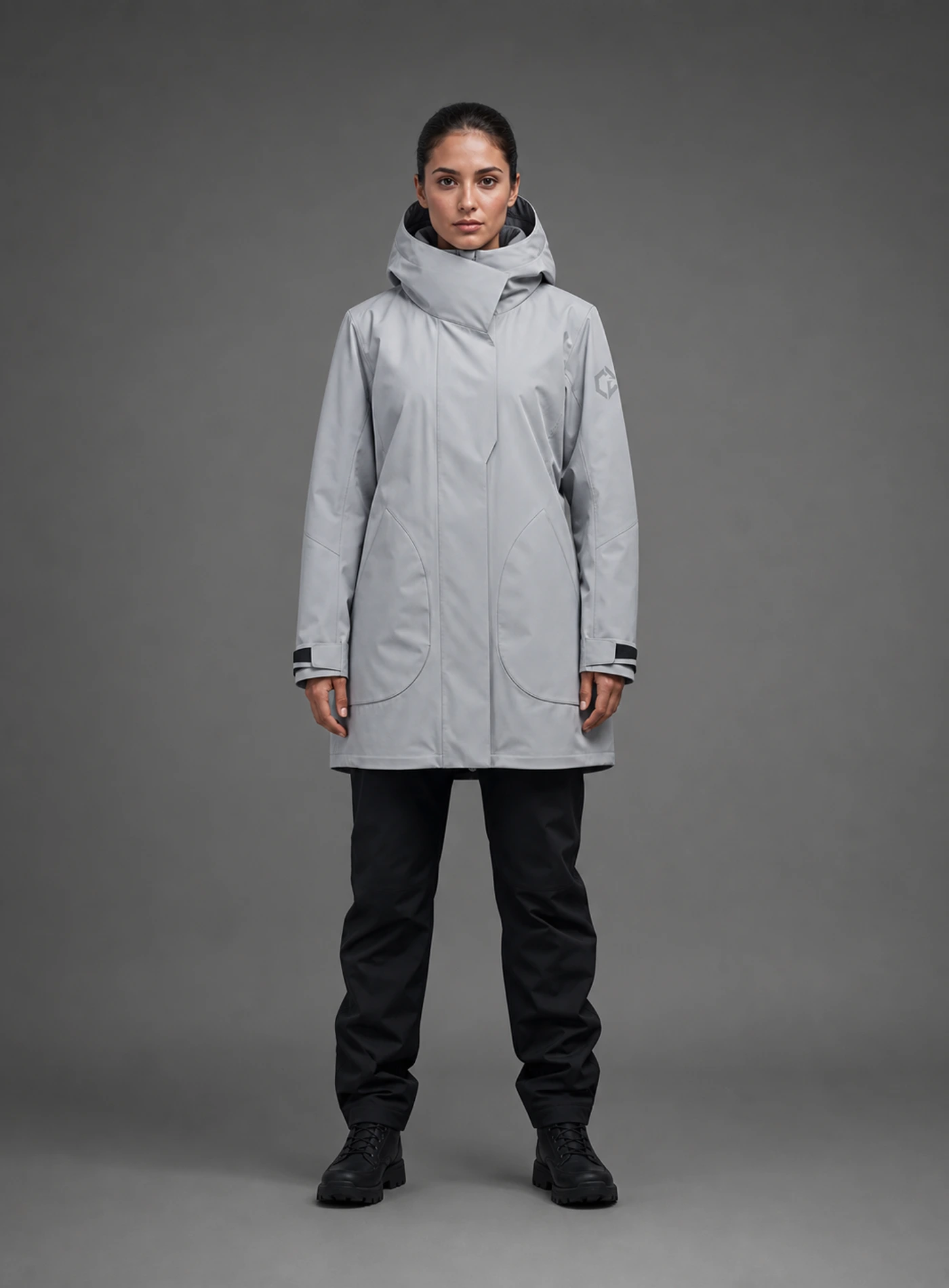 Halo Storm Jacket front view showing glacier silver Clothixpack technical construction