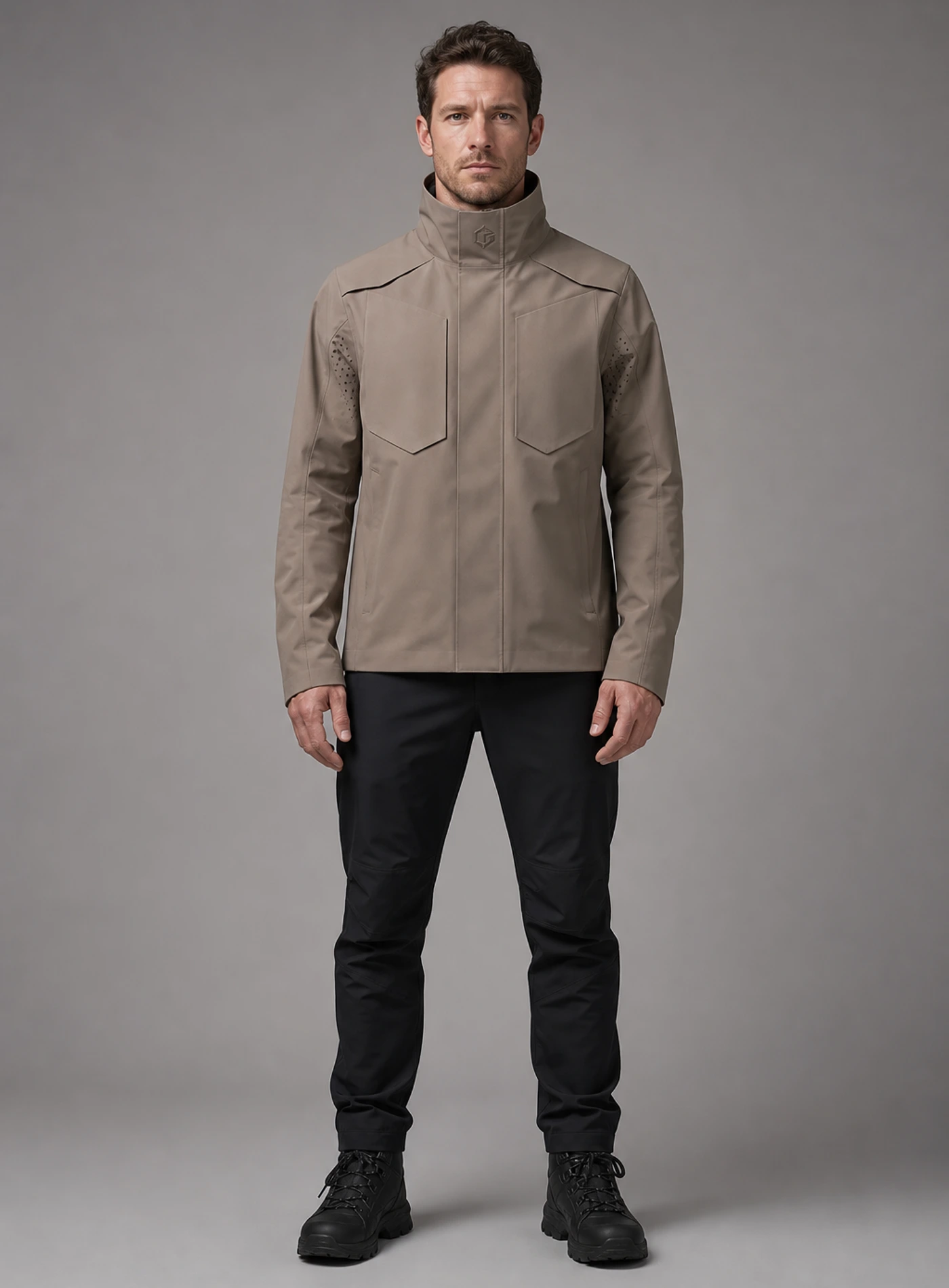 Quarry Shield Jacket front view showing mineral taupe Clothixpack technical construction