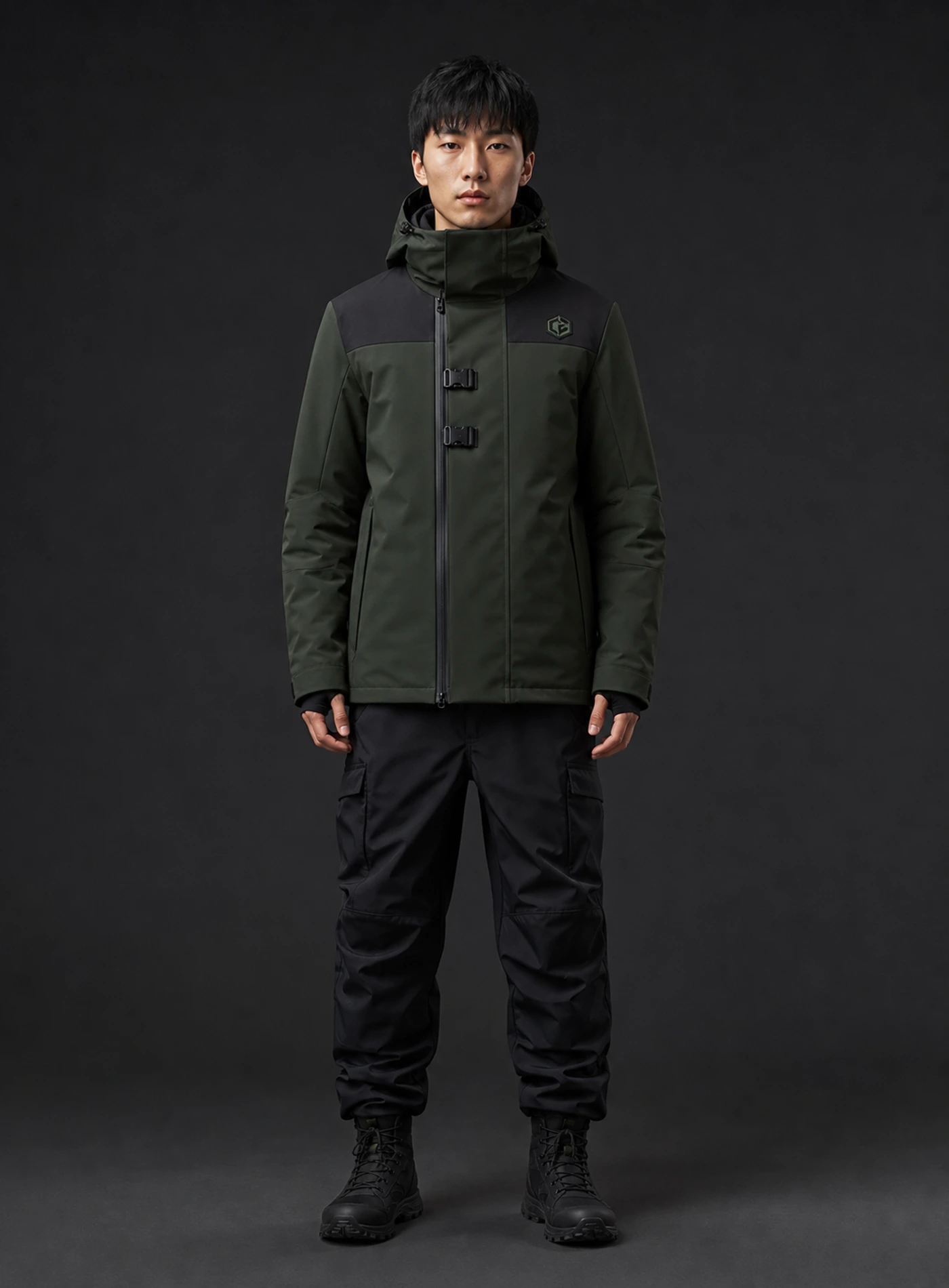 Tundra Lock Jacket front view showing forest pine / black Clothixpack technical construction