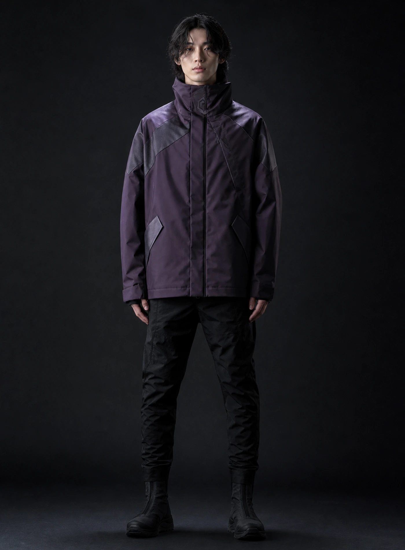 Prism Night Shell front view showing deep aubergine Clothixpack technical construction