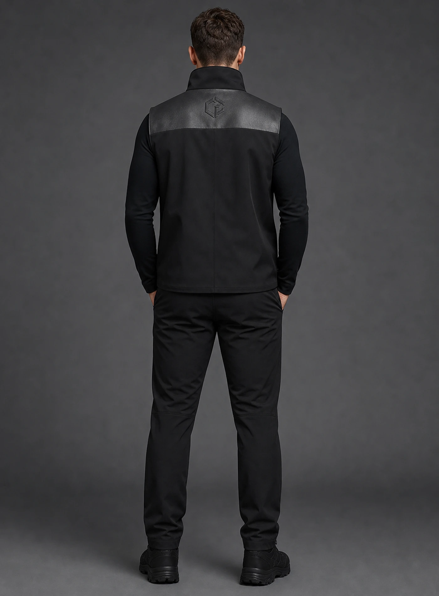 Carbon Yoke Vest back view showing matching Clothixpack construction and naturally integrated branding